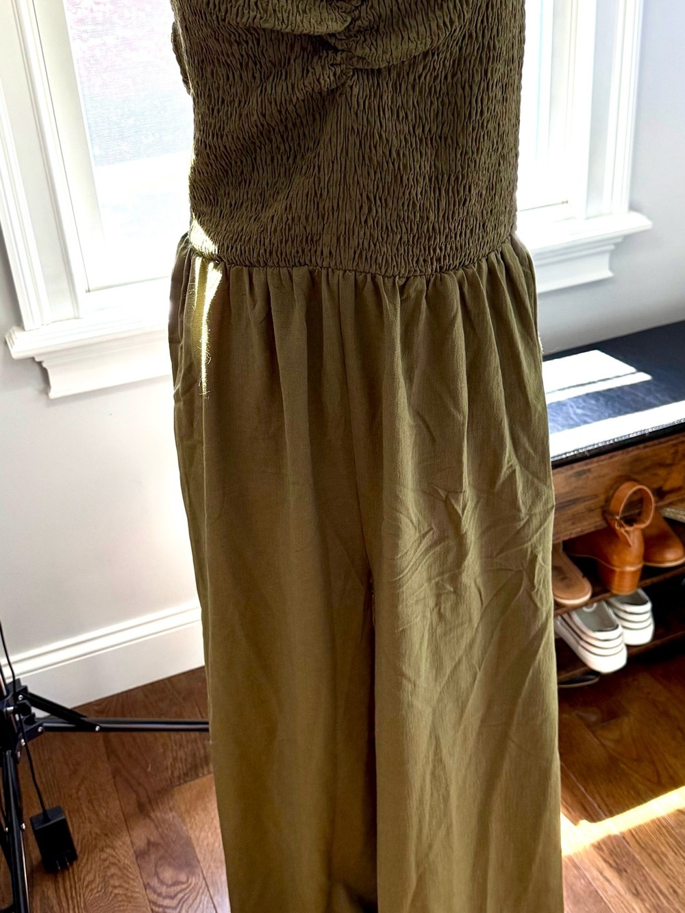 Lumiere Olive Smocked Bodice Wide-Leg Jumpsuit Size Large BNWT